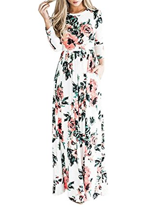 Shineya Women's Casual Floral Printed 3/4 Long Sleeve Empire Party Boho Maxi Dress