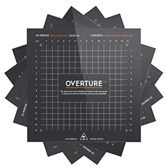 OVERTURE 3D Build Surface 200mm x 200mm (7.88’’ x 7.88’’) Upgraded 3D Printer Build Plate Sheet Heat Bed Platform Sticker with Laminated Transfer Adhesive, 10mm Grid, Black (5-Pack)