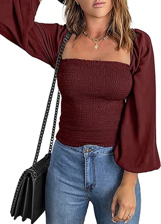 EVALESS Square Neck Tops Puff Long Sleeve Blouses for Women Dressy Casual Spring Fashion 2024