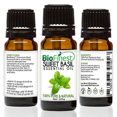 BioFinest Sweet Basil Oil - 100% Pure Sweet Basil Essential Oil - Premium Organic - Therapeutic Grade - Aromatherapy - Best For Flu - Help to Ease Fatigue - Remove Odors - FREE E-Book (10ml)