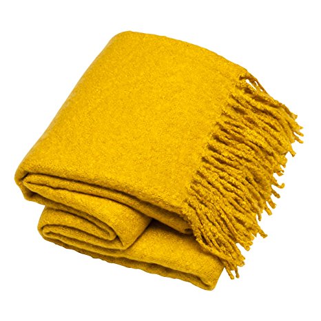 Sova Faux Mohair Brushed Throw Blanket (50" x 60", Yellow) | Cozy Soft with Fringed Edge Wrapped with Ribbon