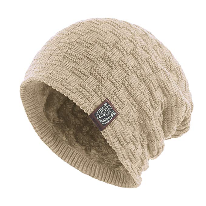 Janey&Rubbins Winter Baggy Oversize Solid Knit Beanie Hat Warm Villi Lined Skull Ski Cuff Stocking Cap