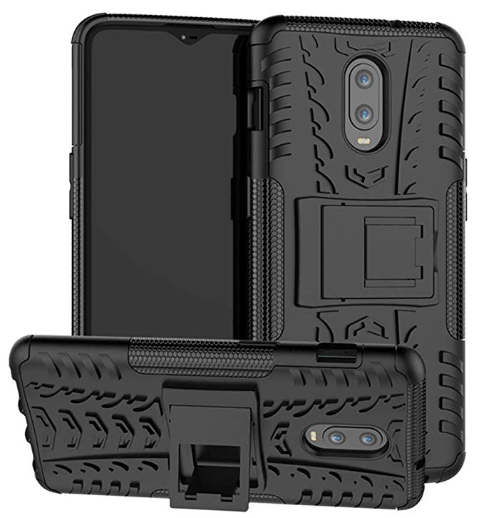 OnePlus 6T Case, Yiakeng Dual Layer Shockproof Wallet Slim Protective with Kickstand Hard Phone Cases Cover for OnePlus 6T (Black)