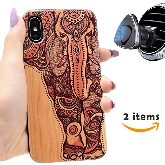 Elephant iPhone X Case, iProductsUS Wood iPhone X Case Printed Colorful Elephant,Built-in Magnet Metal Plate,Cover TPU Rubber iPhone 10 Shockproof & Protective Case [Drop Tested] with Magnetic Mount