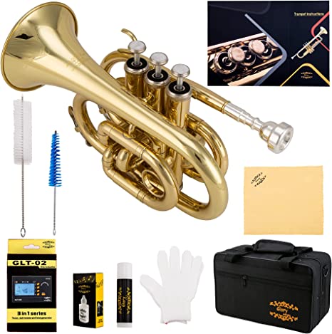 Glory Bb Pocket Trumpet with Case, Tuner, Slide Grease,Cleaning Cloth, Gloves, Gold Lacquer (LAQUER)