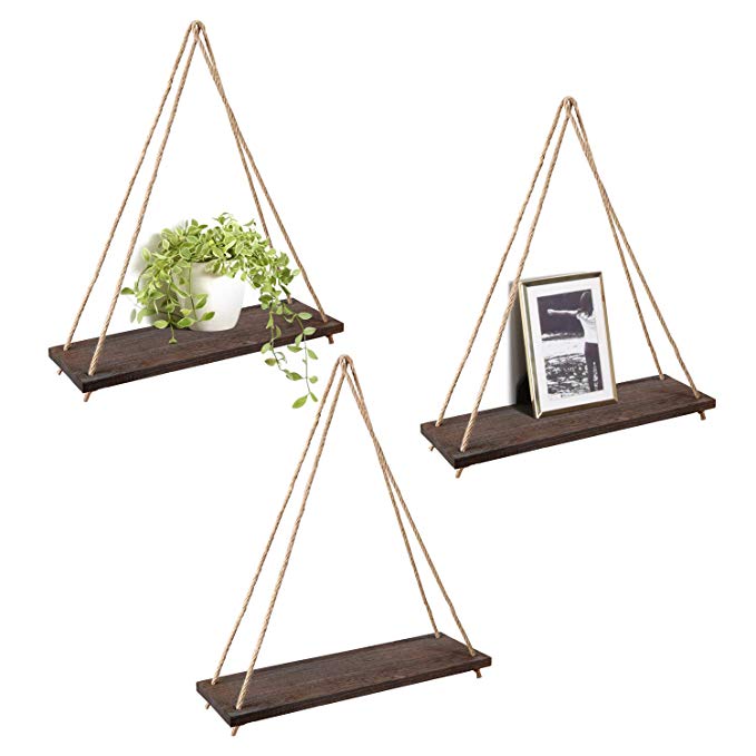 Mkono Wood Wall Floating Shelf Rustic Hanging Swing Rope Shelves, Set of 3 Wall Display Shelves Home Organizer Boho Decor Shelves for Living Room Bedroom Bathroom Kitchen