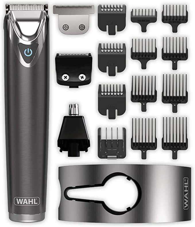 Wahl Beard Trimmer Men, Real Stainless Steel 9-in-1 Hair Trimmers for Men, Nose Hair Trimmer for Men, Stubble Trimmer, Male Grooming Set, Body Trimmer for Men, Washable Heads, Titanium