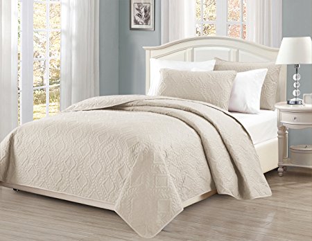 Mk Collection King/California king over size 118"x106" 3 pc Diamond Bedspread Bed-cover Embossed solid Beige New