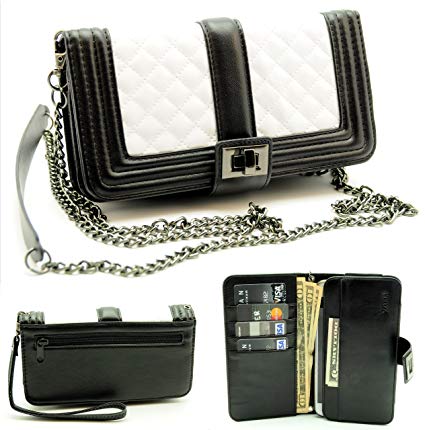 ZZYBIA® Black and White Crossbody / Wristlet Clutch 2 way Coin Zip Mobile Case Wallet Card Holder with Detechable Long Chain For most smartphones up to 6.5" x 3.5"