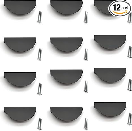 Black Cabinet Pulls,12pcs, Half Moon Pull Handles with Mounting Screws Semicircle Drawer Pull 2.52" Hole Centers Cup Pulls Space Aluminum Back Mount Finger Edge Pull