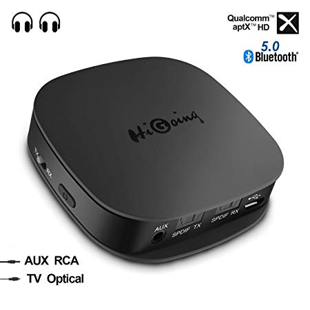 HiGoing Bluetooth 5.0 Transmitter Receiver for TV with aptx HD and aptX Low Latency, 2-in-1 Audio Adapter with Digital Optical TOSLINK and 3.5mm AUX Adapter (Dual-Link, aptX, aptX-LL, aptx HD, SBC)