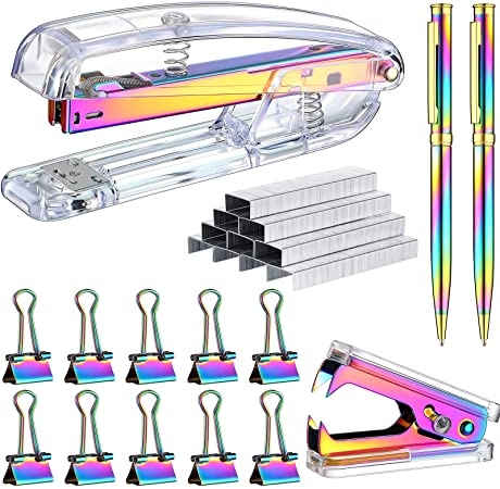 1014 Pieces Acrylic Stapler Set, Including Stapler, Staples Remover, 2 Ballpoint Pen, 10 Binder Clips and 1000 Staples, Desktop Stapler Kit for Home Office School (Rainbow Color)