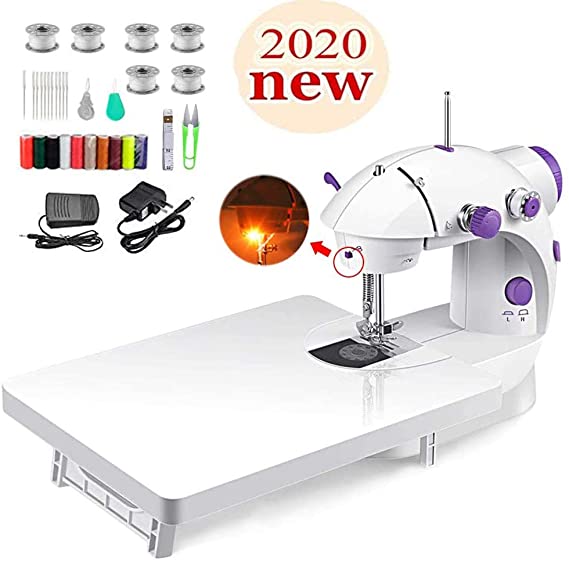 Mini Sewing Machine with Extension Table, Portable Electric Adjustable 2-Speed Double Thread Sewing Machine with Lights,Foot Pedal,Needle Protector Perfect for Beginner Household Travel