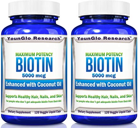 Biotin 5000 mcg Plus Coconut Oil Pills - Supports Healthy Hair - 120 Veggie Liquid Caps (2 Pack)