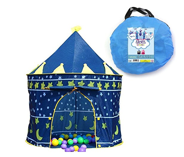 Children Play Tent By Blue Squid – Perfect For Indoor Outdoor Use – Boys & Girls Prince & Princess Castle Design & Glow In The Dark Stars – Pop Up House With Foldable Carry Case (Blue Castle)
