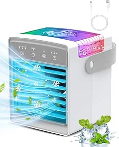 Portable Air Conditioner, 4 in 1 Evaporative Air Cooler with 300ml Water Tank, Portable Air Cooler with 3 Speeds & 7 LED Lights, Personal Desktop Cooling Fan for Car Home Camping Room