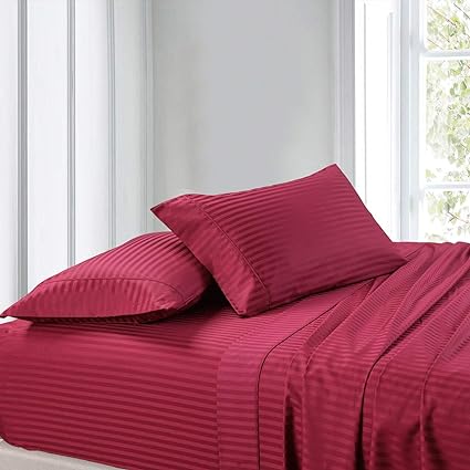 Queen Waterbed Size Sheets, Burgundy, 100% Cotton Sheets, Waterbed Sheets, Cool Cotton Sateen, Smooth Striped Pattern Weaved Bed Sheets