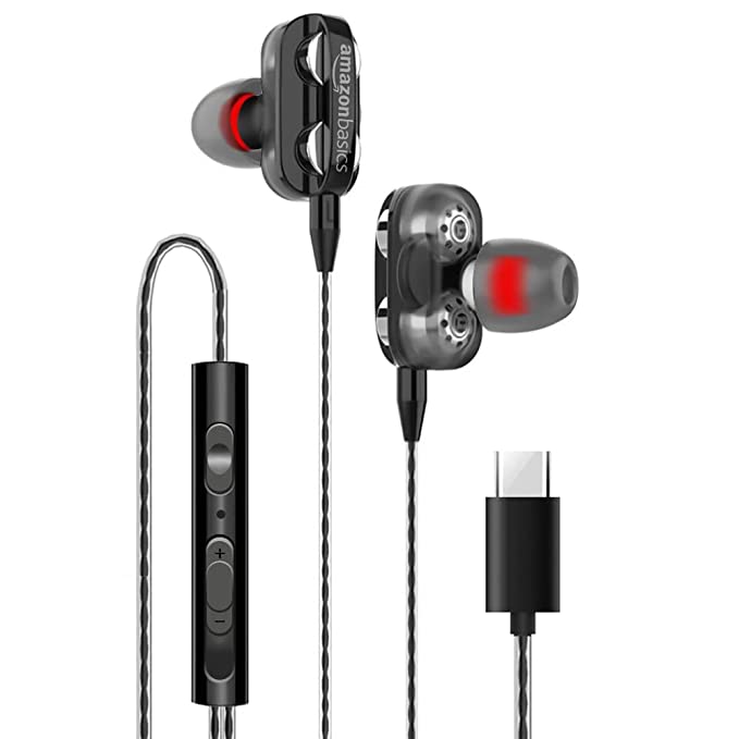 AmazonBasics A4 in-Ear Type C Wired Earphones with Mic, Tangle Free 1.08 Metre Cable, 6mm Drivers, in Line Mic & Volume Controller (Black)