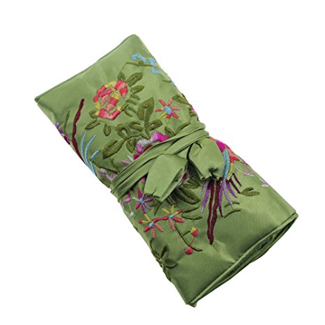 Gracallet® Light Green Soft Silk Embroidery Brocade Peony Floral Print Fabric Jewelry Roll Travel Organizer