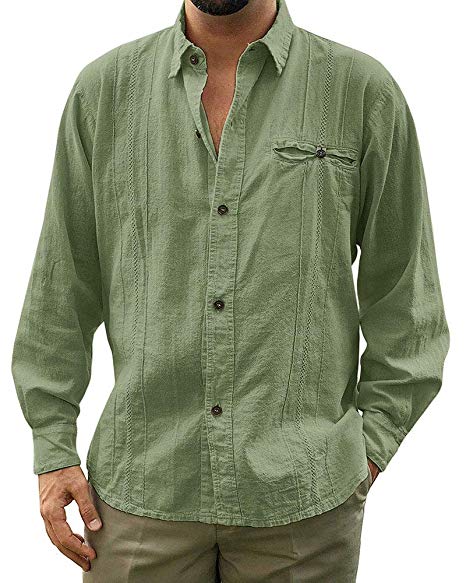 Karlywindow Mens Cuban Camp Guayabera Buttons Down Lace Up Shirts Long Sleeve Solid Shirt