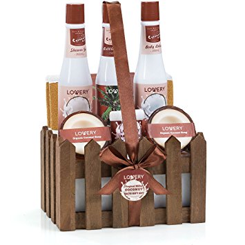 Organic Home Spa Gift Basket in Milky Coconut - Luxurious 8 Piece Bath & Body Set For Men/Women - Contains 2 Organic Coconut Soaps, Shower Gel, Bubble Bath, Body Lotion, Back Scrubber, Towel & Crate