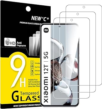 NEW'C 3 Piezas, Protector Pantalla para Xiaomi 12T,Xiaomi 12T Pro, Cristal templado Antiarañazos, Antihuellas, Sin Burbujas, Dureza 9H, 0.33 mm Ultra Transparente, Ultra Resistente