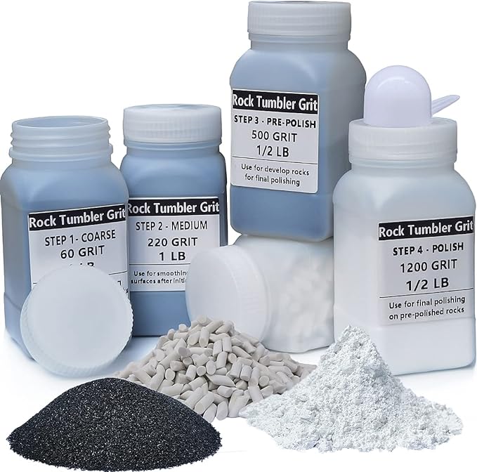 4 LBS Refill Rock Tumbler Grit Media 5 In 1 Kit, Rock Tumbling Grit Set -Inculde 3 LBS 4 Step Polishing Grits Media   1 LB 3/16" X 3/8" Ceramic Filler Media, Compatible with Any Brand Rock Tumbler