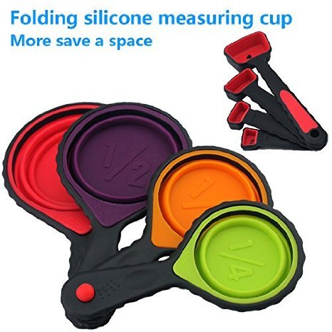 FATCHOI Portable Silicone Measuring Cups & Red Measuring Spoons Set, Collapsible 8-Piece Set, 8 Sizes