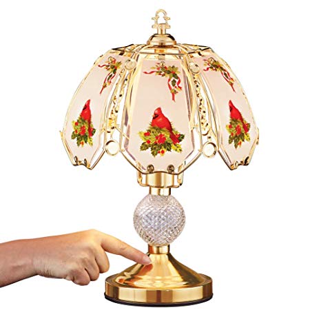 Collections Etc Cardinal Glass Shade Touch Lamp - Gold Tone and Crystal Base for Desk, Table, Dresser, Nightstand