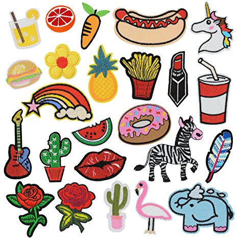 24 Pcs Iron On Embroidered Motif Applique Glitter Sequin Decoration Patches DIY Sew on Patch for Jeans, clothing