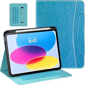 MoKo for iPad 10th Generation Case iPad 10.9 Inch Case 2022 with Pencil Holder, Multi-Angle Viewing iPad Case 10th Generation with Soft TPU Back Hand Strap for iPad 10th Gen 2022, Lake Blue