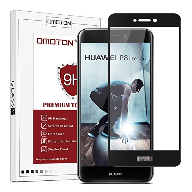 OMOTON Huawei P8 Lite 2017 Screen Protector - Full Coverage Tempered Glass Screen Protector - [3D Round Edge] [9H Hardness] [Crystal Clear] [Scratch Resist] for Huawei P8 Lite 2017 , Black