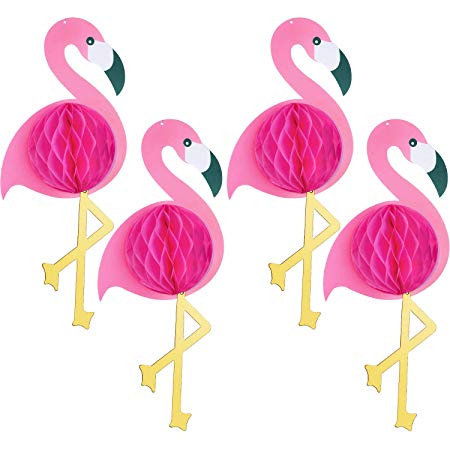 4 Pieces Tropical Pink Flamingo Honeycomb Party Decorations for Luau Birthday Hawaiian Party Supplies