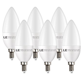 LE 6 Pack E14 LED Candle Light Bulbs, 5.5W, 40W Incandescent Bulbs Equivalent, 2700K Warm White, Non-Dimmable, 470lm, C37 Small Edison Screw Candle Bulbs