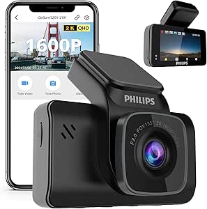 PHILIPS Dash Cam with Front & Rear Car Camera, Wide Angle, 3" Screen Dashcam for Cars, Built-in WiFi, G-Sensor, Night Vision, Safety Alert, Loop Recording, Voice Control (Front 1600P)