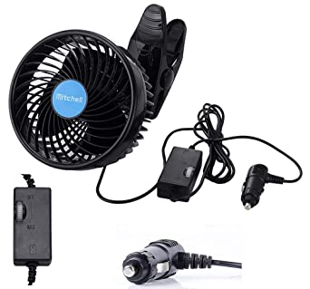 QIFUN 12V Electric Car Clip Fan, 6 Inches Cooling Air Fan, 360° Rotatable Stepless Speed Regulation Fan with Cigarette Lighter Plug for Vehicles, SUV, RV, Boat (Car Fan)