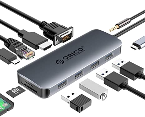 ORICO 11 in 1 USB C Hub Aluminum Adapter with 4K HDMI, VGA, SD 4.0 /TF Card Slot, 100W PD3.0 Charging, 4 USB 3.0, 1 USB C, RJ45 Ethernet, Mic&Audio for MacBook, Matebook, Dell XPS and Type C Notebook