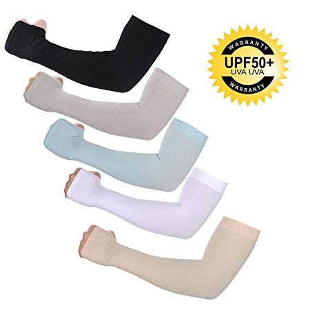 UV Protection Cooling or Warmer Arm, Men Women Kids Sunblock Protective Gloves Running Golf Cycling Driving 5 Pairs Long Cover Arm Cooling (White Black Gray Beige Light Blue)