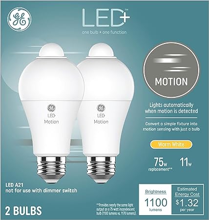 GE Lighting LED  Motion Sensor LED Light Bulbs, Security Light, Warm White, A21 Standard Bulbs (2 Pack)