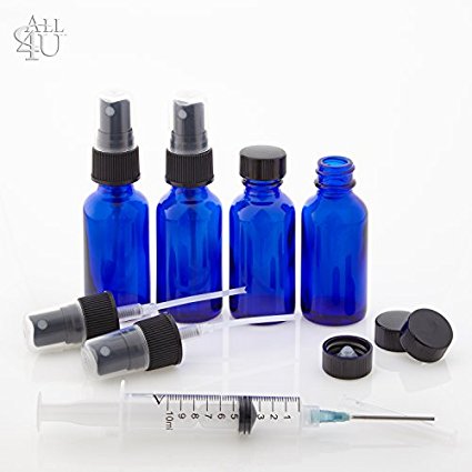 All 4 You Cobalt Blue Glass Bottle 1 oz Includes 4 Caps and 4 Fine Mist Sprayer 1 Stainless Steel Syring as a free gifte (4 pack)