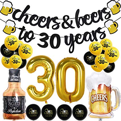 30 Years Anniversary Decorations - Cheers & Beers to 30 Years Banner Thirty Sign Latex Balloon 40 inch"30" Gold Balloon 35 inch Cheers Beers Cups Foil Balloon for 30th Birthday Wedding Party Supplies