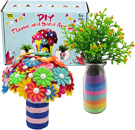 KOKO AROMA Flower Craft Kit for Children, Boy & Girl, DIY Project with Sand Art Includes 2 Vases, 8 Colored Sand, 2 Set of Flowers, Fun Projects Maker for Kids