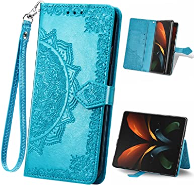 ARSUE for Samsung Z Fold 3 Case Wallet,Flower Henna Mandala Floral PU Leather Folio Flip [Kickstand] Phone Cover with [Card Slots Holder][Wrist Strap] Magnetic Closure for Galaxy Z Fold 3,Blue