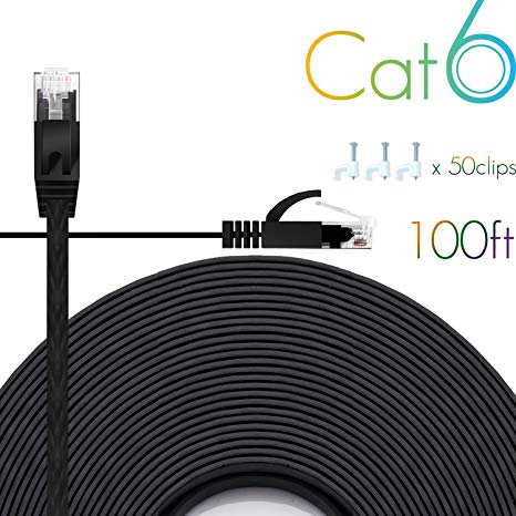 Cat 6 Ethernet Cable 100 FT Flat Internet Network Cables with Cable Clips Cat6 Ethernet Patch Cable with Snagless Rj45 Connectors Black Computer LAN Cable（100FT）