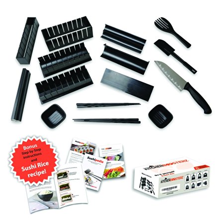 Complete 15 Piece Sushi Making Kit by KitchenBoosterz - Molds for 8 Different Shapes, 1 Knife, 1 Spatula, 1 Serving Fork, 2 Sets of Chopsticks, 2 Sauce Dishes, & Step-by-Step Instruction Book!