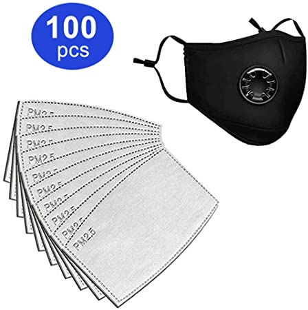 100pcs PM2.5 Activated Carbon Filters Non-Woven Cloth 5 Layers Filters Replaceable Anti Haze Filter Paper for Adult Kids, 1 Pack Free Black Cotton Adjustable Shield Reusable Breathing Anti Dust