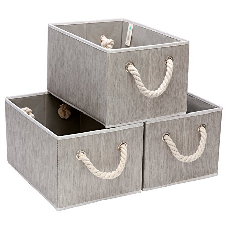 StorageWorks Polyester Storage Box with Strong Cotton Rope Handle, Foldable Basket Organizer Bin, Gray, Bamboo Style, Large, 3-Pack