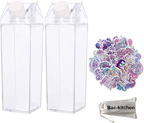 2 Pack Milk Carton Water Bottle, Clear Square Milk Bottles BPA Free Portable Water Bottle with 23 PCS Stickers for Outdoor Sports Travel Camping Activities (500ml)