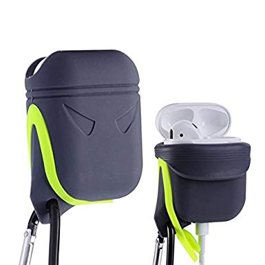 Moonstruck Cover for Airpods, Silicon Eco Skin, Shake, Shock and Water Proof, Skin on Charge Design, Easy to go Carabiner, Light Weight and Durable, Gray Green Contrasted
