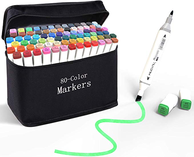 Coloring Markers Set for Adults, Dual Tip Permanent Art Pens with Travel Case for Drawing Sketching Adult Coloring Highlighting and Underlining (80-Color)